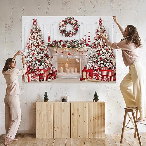 Mocsicka Christmas Fireplace Backdrop White Red Christmas Tree Photography Background Winter Christmas Family Kids Holiday...