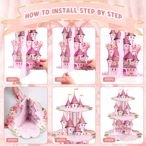 Zopeal 3 Tier Princess Birthday Cupcake Stand Party Decorations Floral Princess Cupcake Holder Pink Castle Crown Carriage ...