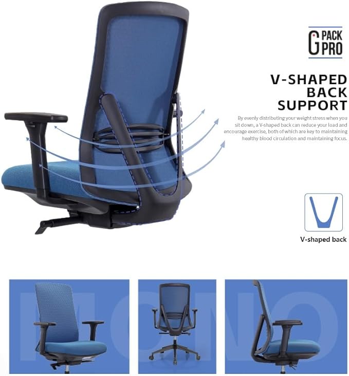 Executive Office Chair – Mesh Office Chair with V-Shaped Back, Adjustable 3D Arms & Sliding Soft Seat Cushion – Holds Up to 270lbs (Blue)