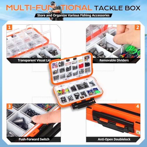 PLUSINNO 449pcs Fishing Gear Accessories Kit, Fishing Tackle Box with Tackle Included, Fishing Hooks, Fishing Weights Sink...