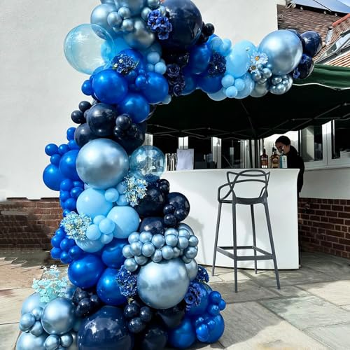 Blue Silver Balloons Set, 12 Inch Blue and Silver Balloons Dark Navy and Confetti Party Latex Balloon, Macaron Metallic Ba...
