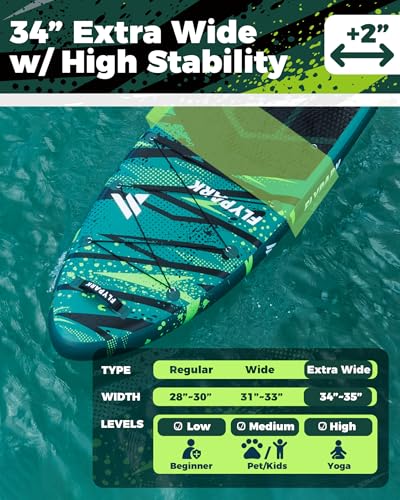 Flypark 11'x34" Inflatable Paddle Boards, Extra Wide SUP for 420lbs/3Adults, Yoga Stand Up Paddle Board, 110L Backpack, 15...