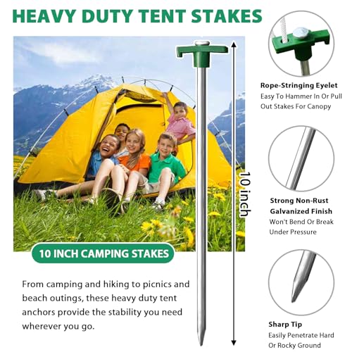 Eurmax USA Galvanized Non-Rust Camping Family Tent Pop Up Tent Stakes Canopy Anchors Heavy Duty 10pc-Pack, with 4x10ft Rop...