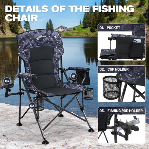 X Strike Oversized Folding Fishing Chair with Rod Holder Heavy Duty 350LBS, Feet Adjustable Padded Camping Chair with Cup ...