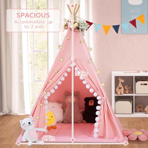 WIRHAO Teepee Tent for Kids with Padded Mat Cotton Canvas Kids Tent with Pompom for Toddlers Indoor Play Tent for Girls Bo...