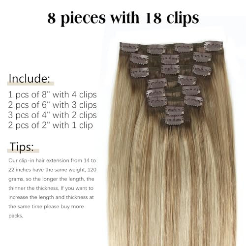 ABH AMAZINGBEAUTY HAIR Clip in Hair Extensions Ash Brown-Beach Blonde with Dark Brown Root R3-8-613 Real Human Hair Clip ins 16 Inch 8pcs/120g Real Hair Extensions For Women