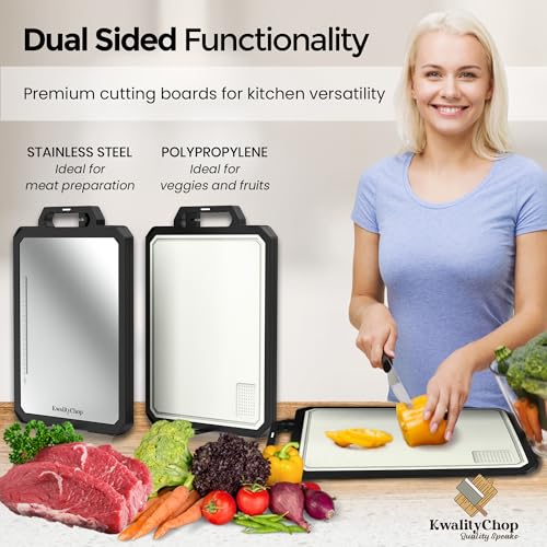 Double-sided Stainless steel cutting board with knife sharpener & stand -17x12" Stainless steel cutting boards for kitchen...