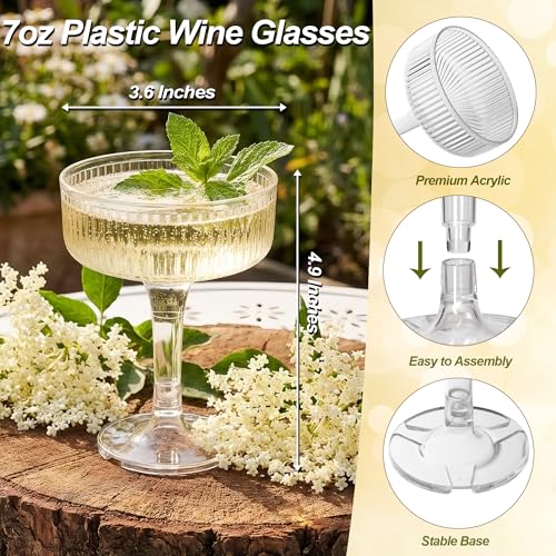 Houmury 20 Pcs 7oz Plastic Champagne Glasses Unbreakable Plastic Martini Glasses Flutes Reusable Clear Acrylic Coupe Drink...