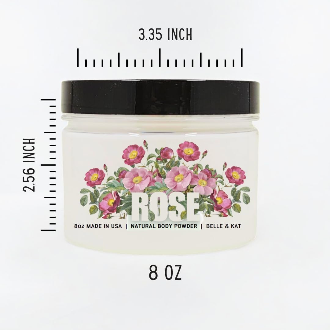 Rose Scented Body Powder for Men & Women, Bath Perfume Dusting Powder with Fragrance & Essential Oils, Talc Free 8oz Container, Made in USA