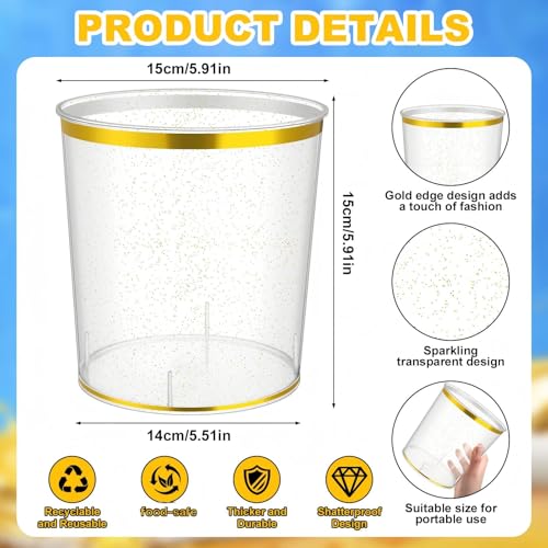 Acellegic 12 Pcs Ice Buckets Bulk, 6 Liter Plastic Round Ice Buckets with Gold Rim and Glitter, Disposable Storage Drink T...