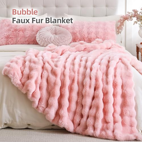 Smoofy Faux Fur Throw Blanket for Couch – Blush Pink Fluffy Cozy Rabbit Fleece, Plush Soft Bubble Blanket for Sofa & Bed, ...