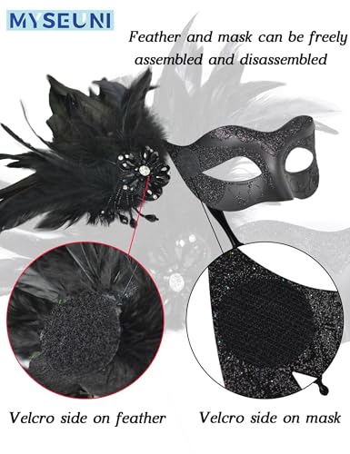 MYSEUNI 2025 New Masquerade Mask for Women with Stick - Shiny Women's Feather Mardi Gras Venetian Mask for Costume Accessory