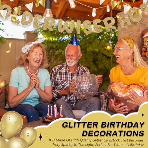 Fulmoon Set of 3 Pre Strung Older Wiser Hotter Glitter Banner Funny Birthday Banner for Women 30th 40th 50th 60th 70th 80t...