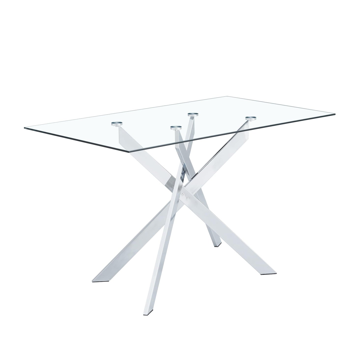 KUVADAZ 51" Rectangle Dining Table for 4 5 6 People, Modern Dining Table with Silver Chrome Metal X-Shaped Legs, Large Glass Kitchen Table Family Dinner Table for Home Office Living Room