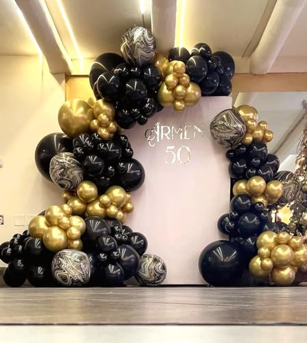 Bezente Black Gold Balloons Garland Kit, 100Pcs Black Gold Metallic Chrome and Gold Confetti Balloons Arch with Tape for N...