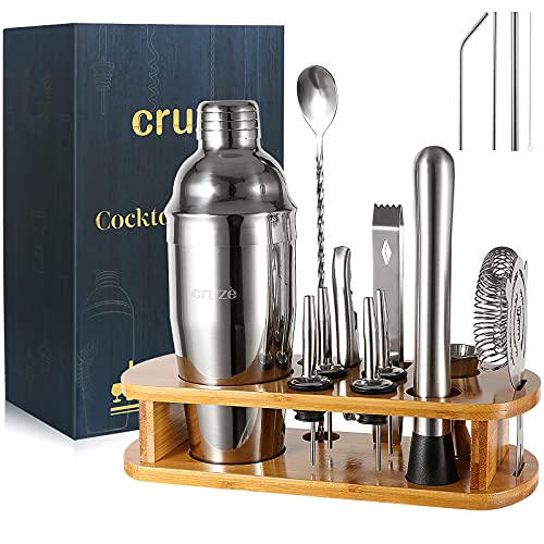 12-Piece Cocktail Shaker Set with Stand – 25oz Bartender Kit Including Shaker Jigger Muddler Bar Spoon Strainer Tongs 4 Po...