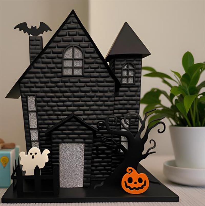 Haute Decor Halloween Haunted House with Bat Projection - Unique Lighted Black Metal Haunted House for Tabletop Halloween Decoration
