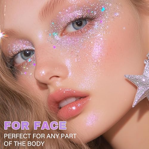 Roll-on Face Body Glitter Gel for Women, 1.69oz Large Capacity Holographic Color Changing Glitter Gel Shimmer Makeup for S...