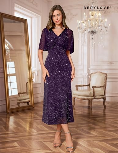 BeryLove Sequin Formal Cocktail Long Dress Evening Wedding Guest Mother of The Bride Dresses with Shawl