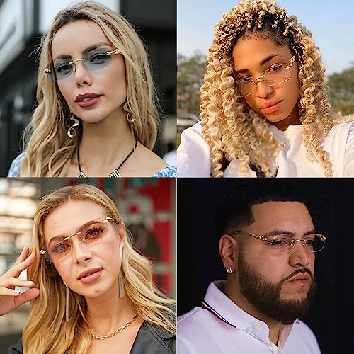 piscm Vintage Rimless Rectangle Sunglasses for Women Men,Trendy Gold Metal Frameless Square Sun Glasses Transparent Eyewear