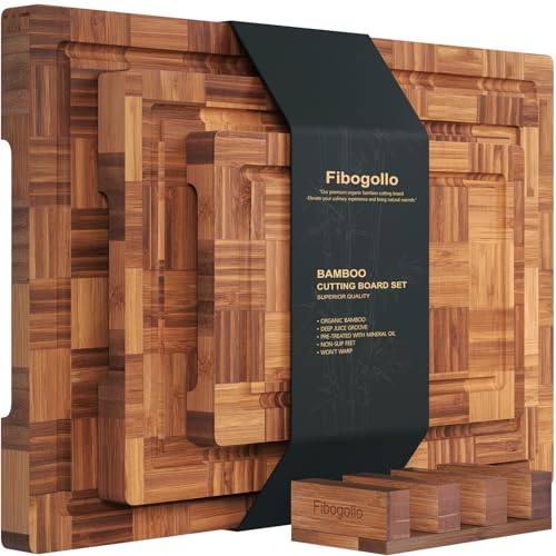 Fibogollo Bamboo Cutting Boards for Kitchen,Chopping Boards Set with Juice Groove,End Grain Bamboo Butcher Block,Serving B...