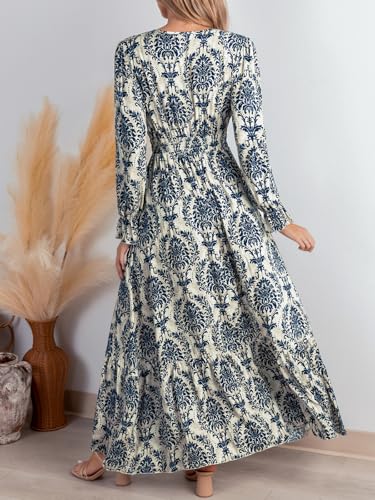 CUPSHE Maxi Dresses for Women V Neck Ruffled Long Sleeve Paisley Smocked Waist A Line Casual Flowy Fall Wedding Guest Dress