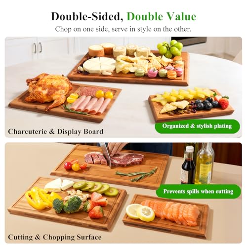 Bamboo Cutting Board Set with Stand, 3PCS Double-Sided Chopping Boards for Kitchen Meal Prep & Serving, Charcuterie, Juice...
