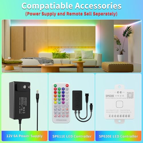 Gingsow RGB Smart IC COB LED Strip Light 18ft Addressable Chasing Color 12V LED Light Strip Multicolored Flexible RGB Ligh...