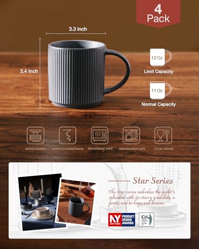 famiware Coffee Mug Set for 4, Star 12 oz Catering Mugs Cup Set with Handle for Coffee, Tea, Cocoa, Milk - Ceramic Stonewa...