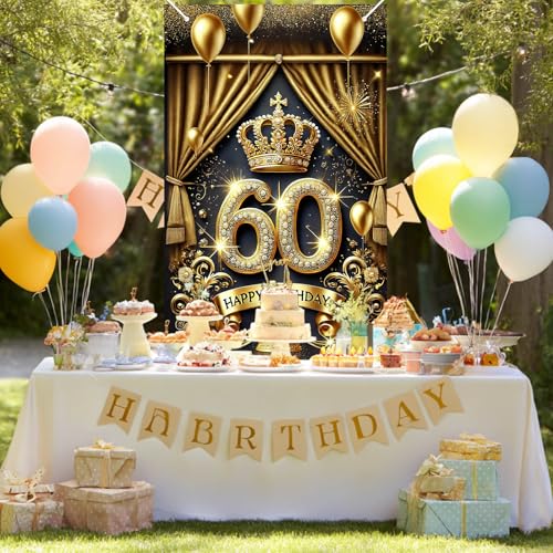 HOMETITUTE 60th Birthday Door Cover 71x35 Inch Royal Gold Birthday Banner for Party Decorations Crown Balloon Cake Backdro...