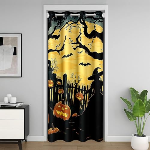 Halloween Style Door Curtain 42" W x 84" L Pumpkin Lantern Moon Blackout Curtain for Closet Door Gothic Style Curtain Tapestry for Hallway Living Room