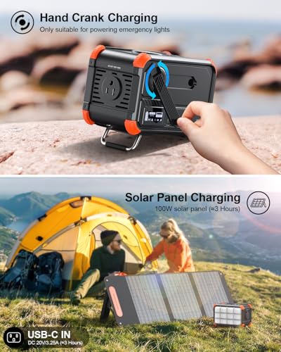 BROWEY Portable Power Station 153Wh Camping Small Solar Generator with Hand Crank 120V 150W AC Outlet Lithium Battery Powe...