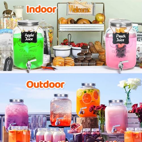 2 PCS 2 Gallon Drink Dispensers - Glass Peverage Dispenser for Parties with 18/8 Stainless Steel Spigots, Lemonade Dispens...