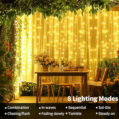 Ryblgled Battery Operated Curtain Lights 300 LED - 10ftx10ft Warm White Battery Power Fairy Curtain String Lights with Rem...
