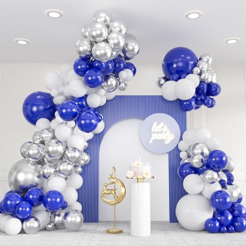 136pcs Blue White Silver Balloon Garland Kit - 18/12/10/5 Inch Royal Blue, Silver Confetti Balloon Arch for New Year, Grad...
