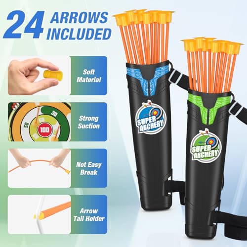 HYES 2 Pack Bow and Arrow for Kids, LED Light Up Archery Set with 24 Suction Cup Arrows, 1 Standing Target, 6 Score Target...
