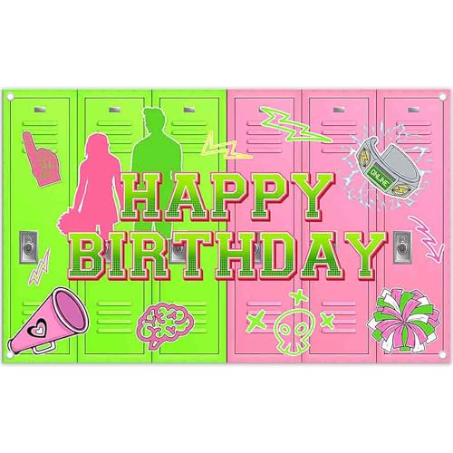 Monalivest 72x43inch Fabric Green and Pink Happy Birthday Backdrop Cheerleading American High School Lockers Photography B...