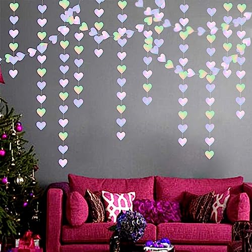 Panduola Iridescent Disco-Holographic Heart Garland - 52Ft Wedding Hanging Decoration Neon Streamers Banner, Perfect for B...