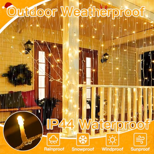 Ollny Christmas Curtain Lights 300 LED 9.8 FTx9.8 FT, Outdoor Waterproof Curtain String Lights with Remote Timer 8 Modes, ...