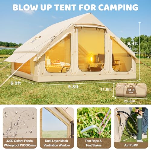 Upgraded Inflatable Camping Tents, 4 Season Blow Up Tent with Stove Jack & Hand Pump Air Glamping Tents for Camping with M...