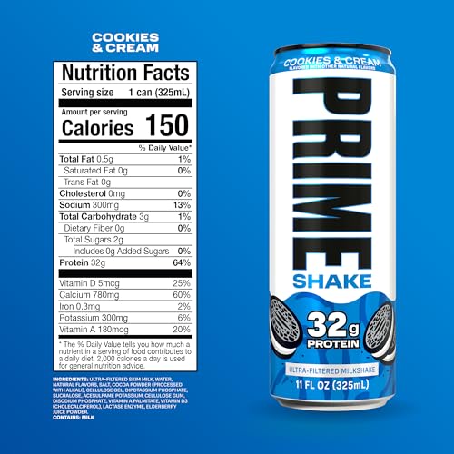PRIME Protein Shake, Cookies & Cream, 32g Protein for Muscle Support & Recovery, Ultra-Filtered Milk, Lactose Free, Low Su...