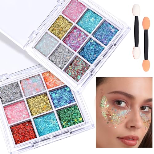 FANDAMEI Face Glitter, 2 PCS Face Glitter Gel 18 Grids, Body Hair Glitter for Kids Women for Makeup, Halloween Rave Concer...