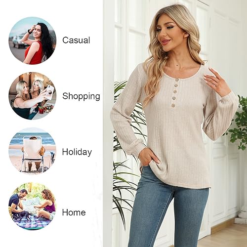 DB MOON Womens Lightweight Sweaters 2025 Long Sleeve Henley Shirt Fall Casual Crewneck Tunic Tops
