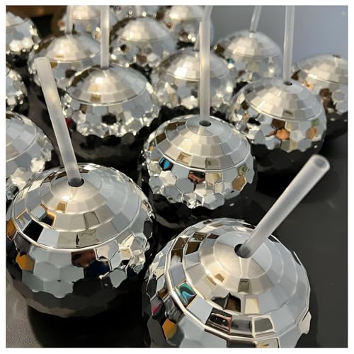 FLUFFORT 9 Pcs Disco Ball Cups with Lid and Straw – Silver Spherical Cocktail Tumblers, Reusable Disco Wine Glasses for Ba...