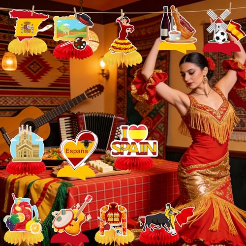 12 Pcs Spain Honeycomb Centerpieces Spain Themed Table Decorations for Fiesta Española Flamenco Party Decor Supplies