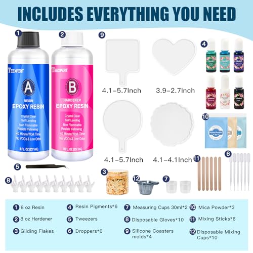 Teexpert Epoxy Resin Kit for Beginners, Resin Kit with Coaster Molds, Silicone Molds Kit, Pigments, Crystal Clear Art Resi...