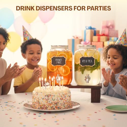 2Pack Large Drink Dispensers for Parties, Glass Beverage Dispenser with Solid Wood Stand, 1 Gallon Water Drink Dispenser w...