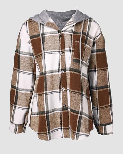 CHICME Womens Lightweight Casual Jacket Plaid Long Sleeve Shacket Fleece Lined Hooded Jackets Warm Coat