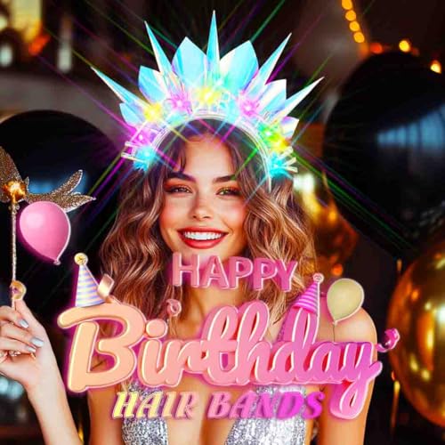 Zoestar Light Up Happy Birthday Headband Led Pearls Hair Bands Sparkly Birthday Crown Party Hair Accessories Women