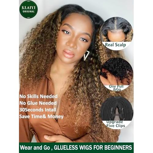 KLAIYI Ombre Brown Curly V Part Human Hair Upgrade U Part Wig with Dark Roots Glueless Highlight Balayage Clip in Half Wig No Glue No Lace No Leave Out 3S Ready to Wear and Go Beginner Friendly 14Inch